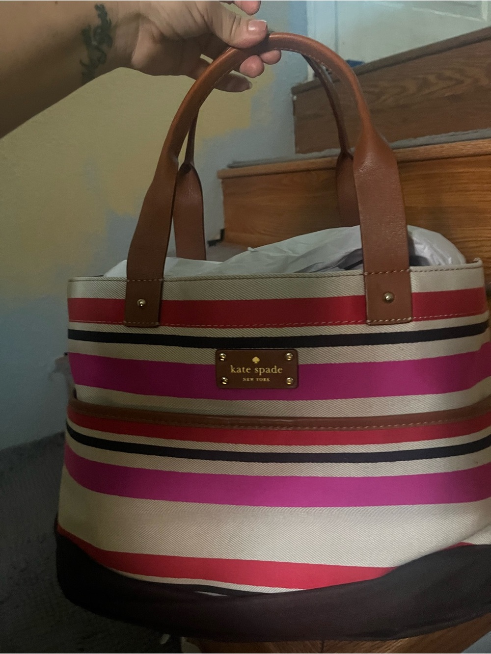kate spade Pink, Red & Tan Striped Canvas Hobo Bag with original dust bag